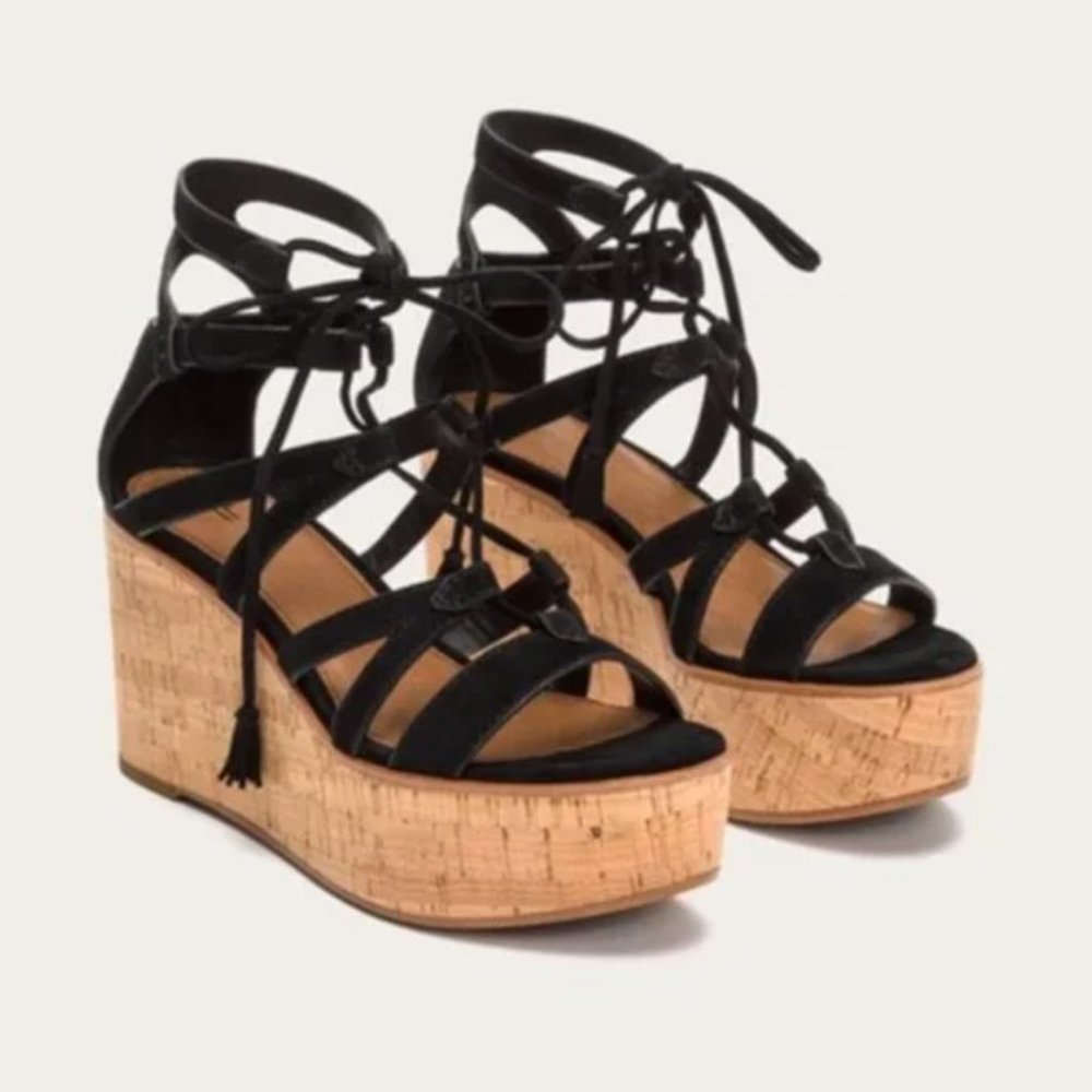 Frye Heather Gladiator Wedge Sandal in Black, Sz 8